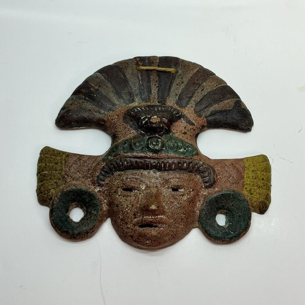vtg aztec mayan tribal wall face head mask clay wall art 8‎ inch